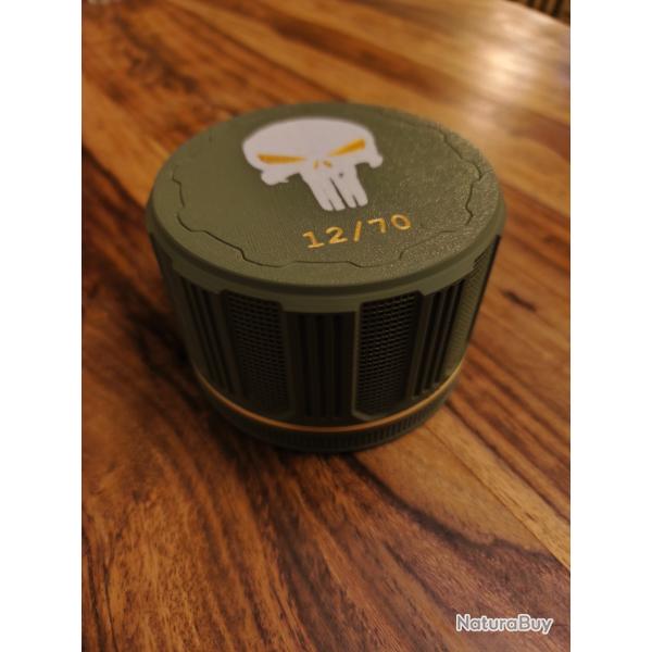 Bo�te � cartouches calibre 12. Design robuste et pratique.  Kaki blanc dor�.