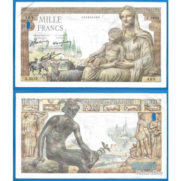 France 1000 Francs 1942 Du 11 Fevrier Demeter Serie Z Grand Billet Franc