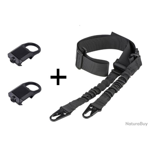 Sangle de fusil 2 points Noire + 2 Boucles GBB QD Noir