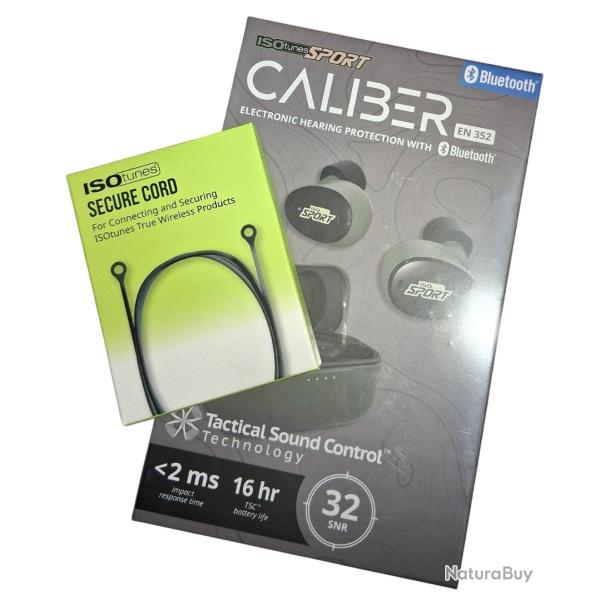 Kit ISOtunes Sport Caliber + Secure Cord - Protection auditive �lectronique Bluetooth avec cordon de