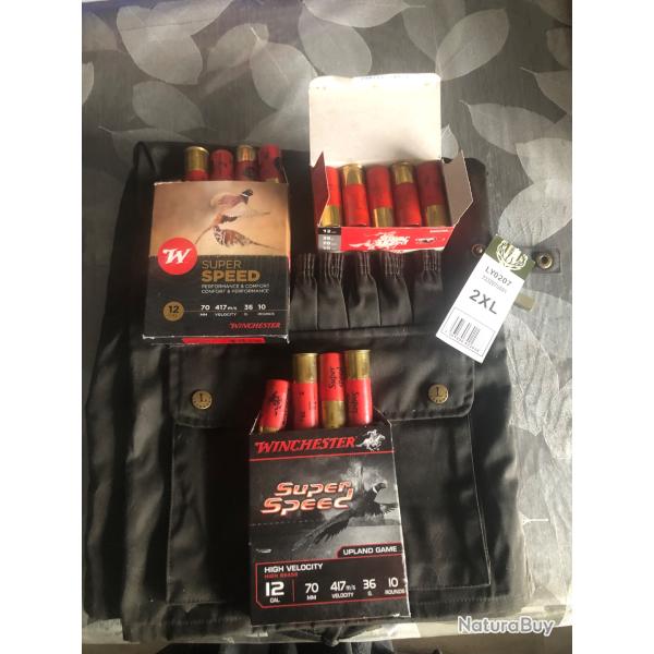 GILET DE CHASSE KAKI neuf 2xl avec 3   boites 10 cartouches winchester cal12. 36g pl5, 6et7