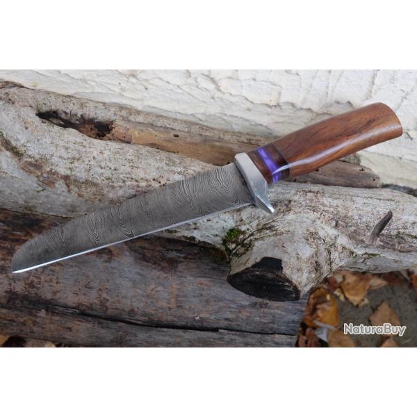 Couteau De Cuisine Santoku Lame Acier Damas 256 Couches Manche Bois Fabrication Artisanale