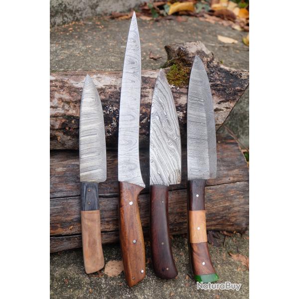 LOT DE 4 Couteau De Cuisine Couteau de Chef Lame Acier Damas 256 Couches Fabrication Artisanale