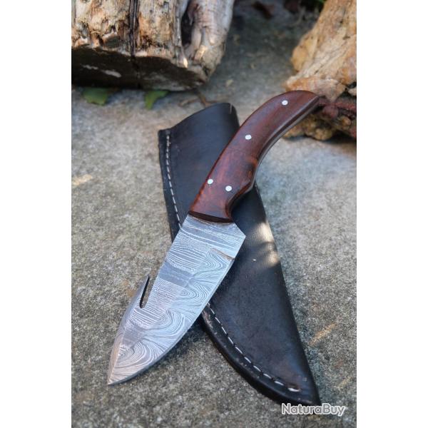 Guthook Couteau Damas Lame 256 Couches Crochet Manche Bois Fabrication Artisanale Etui Cuir