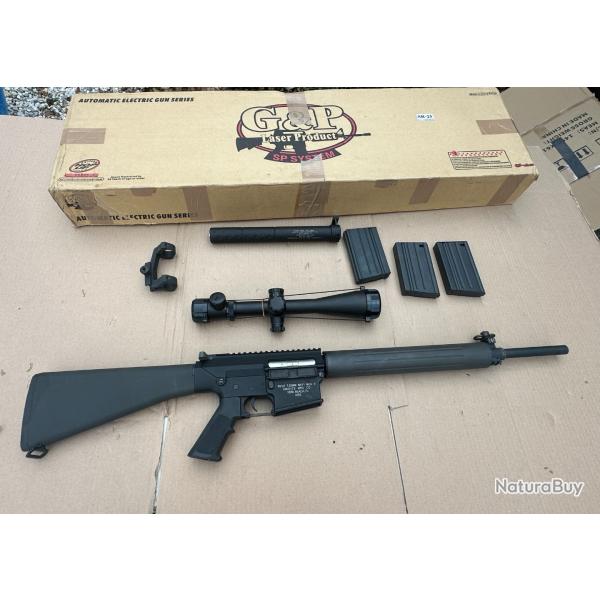 Airsoft SR25 AEG G&P Sniper avec silencieux / Lunette (replique Leupold)