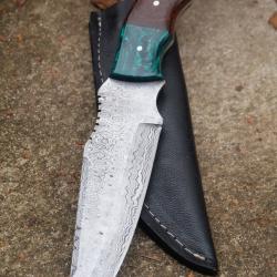 BIG Skinner Couteau de Chasse Damas Lame 256 Couches Manche Bois/Corne Fabr Artisanale Etui Simili01