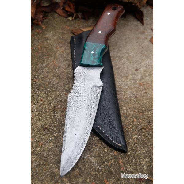 BIG Skinner Couteau de Chasse Damas Lame 256 Couches Manche Bois/Corne Fabr Artisanale Etui Simili01