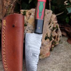 Skinner Couteau de Chasse Damas Lame 256 Couches Manche Bois/R&eacute;sine Fabric Artisanale Etui Cuir 001