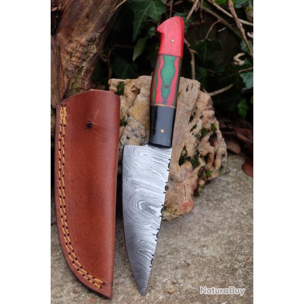 Skinner Couteau de Chasse Damas Lame 256 Couches Manche Bois/R�sine Fabric Artisanale Etui Cuir 001