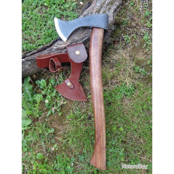 Hache De Viking Bj�rn Francisca Lame Acier Carbone Manche Bois Etui Cuir Fabrication Artisanale