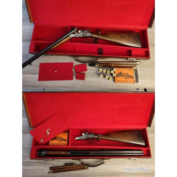 Fusil juxtapos� de luxe Li�gois grav� main calibre 16 avec malette en cuir et 10 cartouches