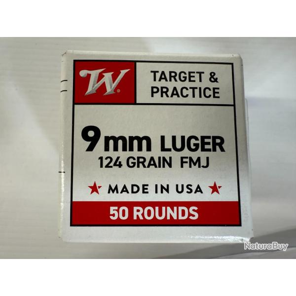 Vente flash ! WINCHESTER 9 MM LUGER 124 GR FMJ BOITE DE 50 BALLES FRAIS DE PORT OFFERT
