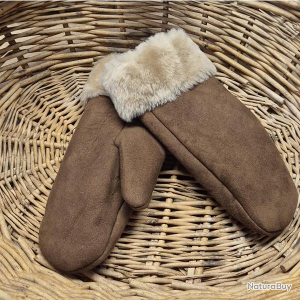 Moufles cuir NUBUCK Femme chaudes en peau d'agneau retourn�e marron glac�