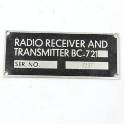 Plaque US ARMY Radio Receveiver and transmitter BC-721 BC721