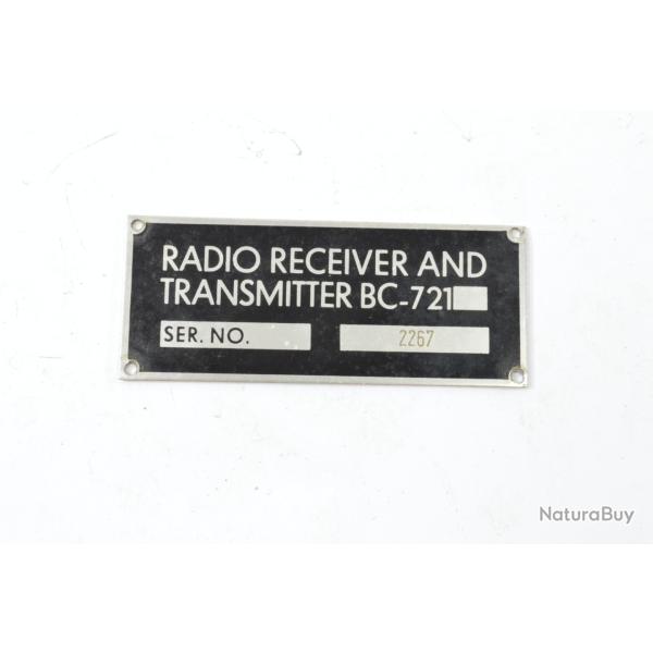 Plaque US ARMY Radio Receveiver and transmitter BC-721 BC721