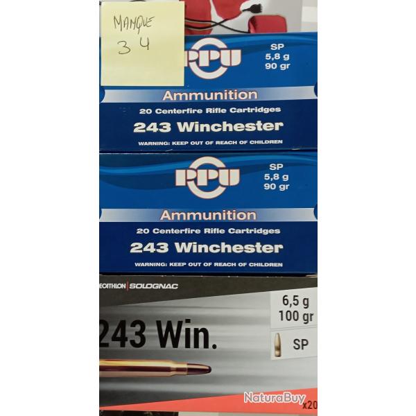 3 boites  cartouches calibre 243 Winchester,