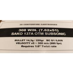 Cartouches 308Win Subsonic SAKO 137A OTM - 220gr - Lot de 2 bo&icirc;tes de 20