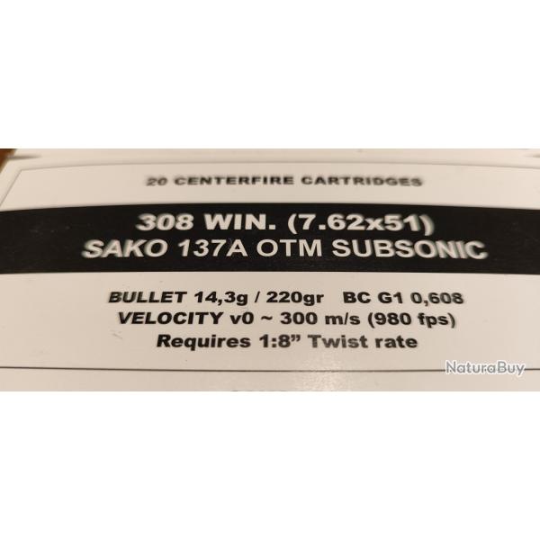 Cartouches 308Win Subsonic SAKO 137A OTM - 220gr - Lot de 2 bo�tes de 20