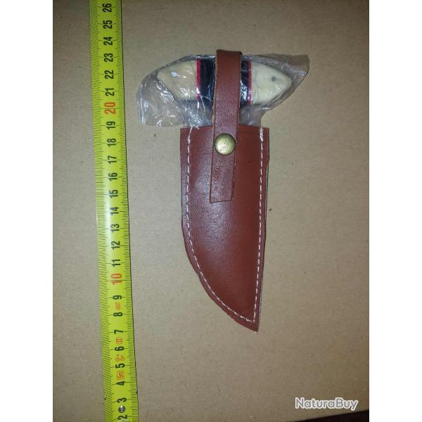 Couteau Push Dagger Lame Acier Carbone 1055 Black Manche Os & Corne Etui CUir Fabric Artisanale