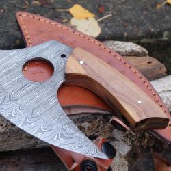 Couteau d'Esquimau Inuit Ulu Lame Acier Damas 256 Couches Manche Bois Etui Cuir Fabr Artisanale