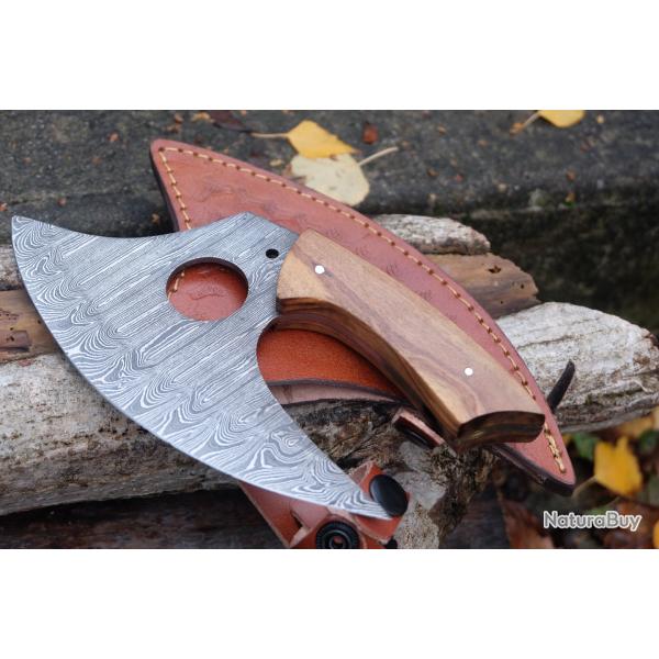 Couteau d'Esquimau Inuit Ulu Lame Acier Damas 256 Couches Manche Bois Etui Cuir Fabr Artisanale