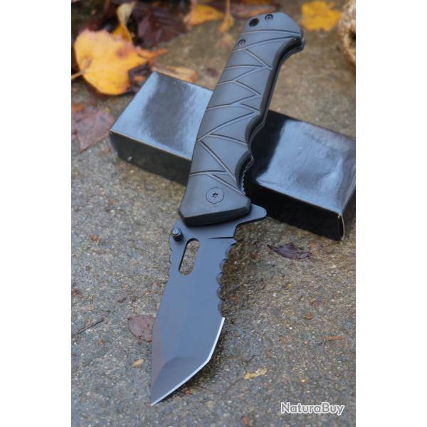 Couteau Semi Automatique Tactic Falcon Lame Acier 440 Serr Manche Plaquettes ABS Black Liner Lock