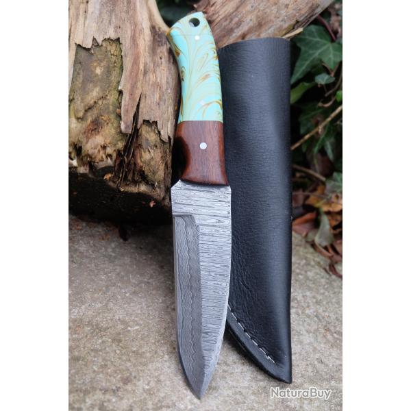 Skinner Couteau de Chasse Damas Lame 256 Couches Manche R�sine Fabric Artisanale Etui Cuir