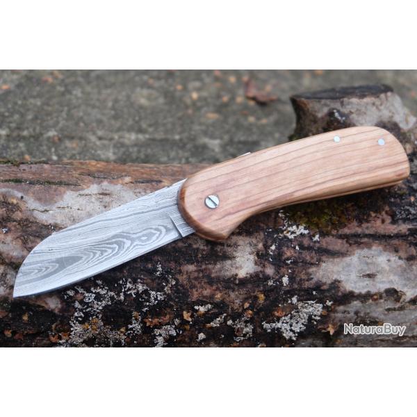 Couteau Pi�montais Manche Bois Olivier Lame Acier Damas 128 Couches Sheepsfoot Fabric Artisanale