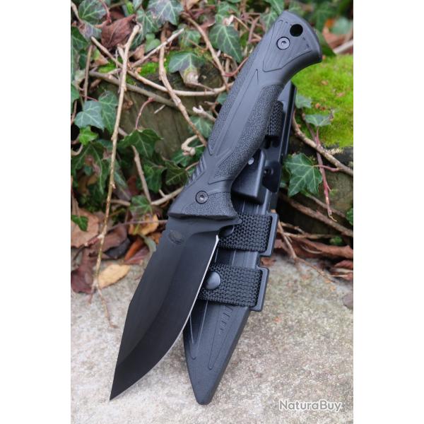 Couteau Tactical Survie Chasse WithArmour Lame Acier Inox Noir Manche Plastique �tui Plastique