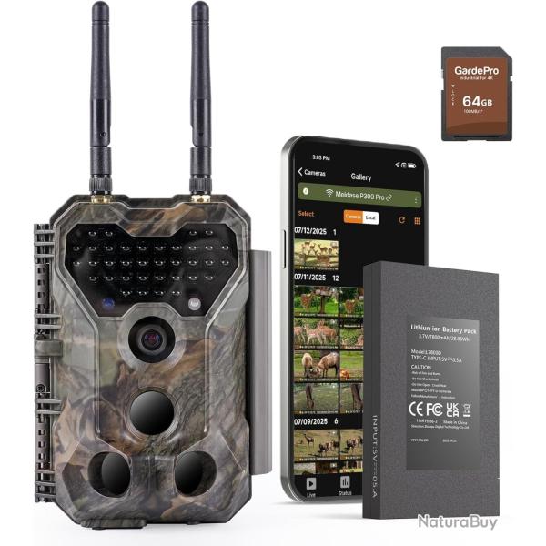 Cam�ra de Chasse P300 Pro WiFi Batterie 7800 mAh 64MP Double Antenne 50m Vision Nocturne P66+ SD 64G