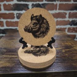 Lot de 6 dessous de verre en li&egrave;ge - Sanglier - D&eacute;coration chasse &Oslash; 10 cm