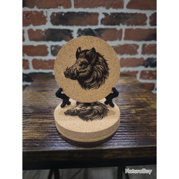 Lot de 6 dessous de verre en li�ge - Sanglier - D�coration chasse � 10 cm