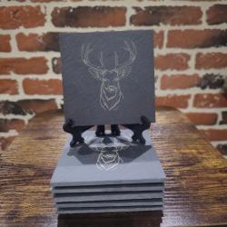 Lot de 6 dessous de verre en ardoise - T&ecirc;te de cerf - D&eacute;coration chasse 10 x 10 cm