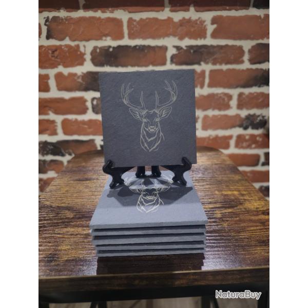Lot de 6 dessous de verre en ardoise - T�te de cerf - D�coration chasse 10 x 10 cm