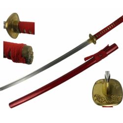 Katana rouge - Garde dor&eacute;eKatana forg&eacute; &agrave; la main, pens&eacute; pour la coupe r&eacute;elle.