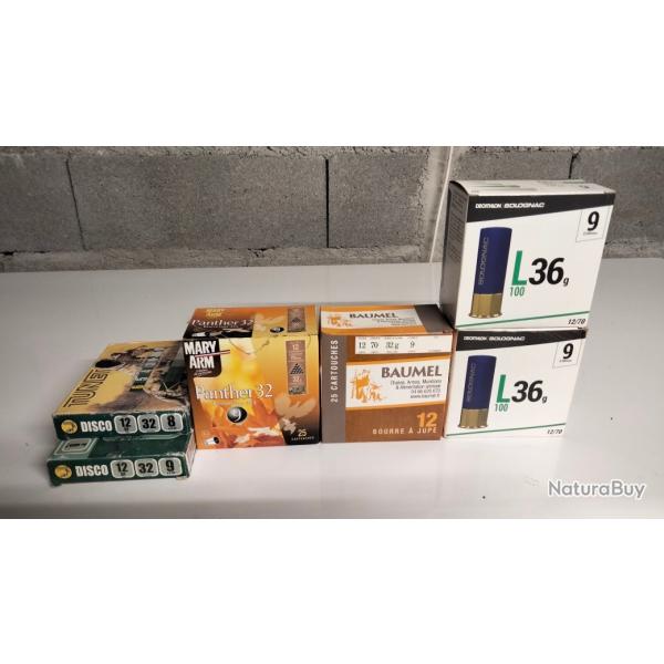 LOT CARTOUCHE CALIBRE 12/70 36G - 32G PLOMB 9 120 CARTOUCHES