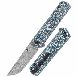 Couteau Kansept Foosa Lame Tanto Acier Damas Manche FCarbone Bleu/Blanc Slip Joint K2020T2