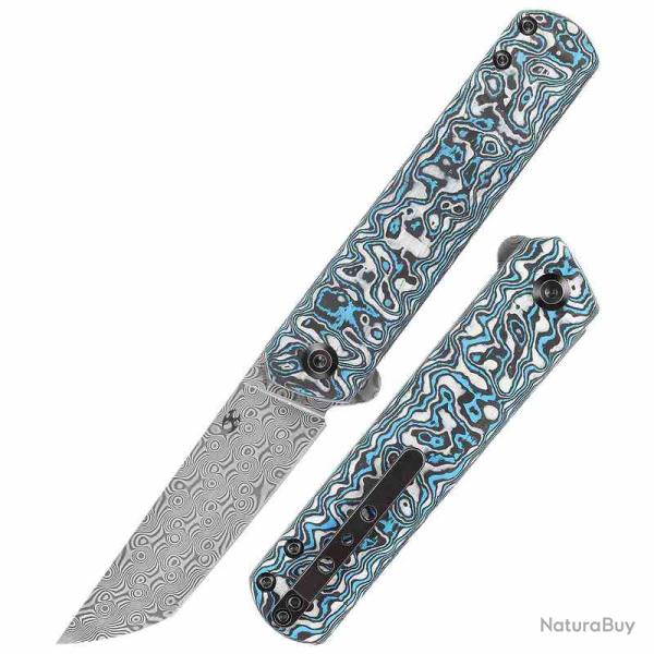 Couteau Kansept Foosa Lame Tanto Acier Damas Manche FCarbone Bleu/Blanc Slip Joint K2020T2
