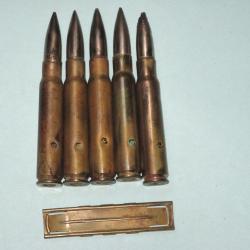 1&egrave;re GM : Cinq cartouches de 7,92 Mauser pour G98 et Kar 98 a avec lame-chargeur.