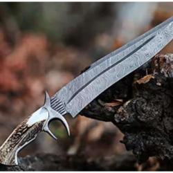 Magnifique couteau de chasse damas - Bois de cerf - Pointe double tranchante (3)