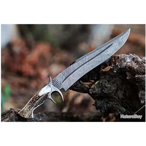 Magnifique couteau de chasse damas - Bois de cerf - Pointe double tranchante (3)