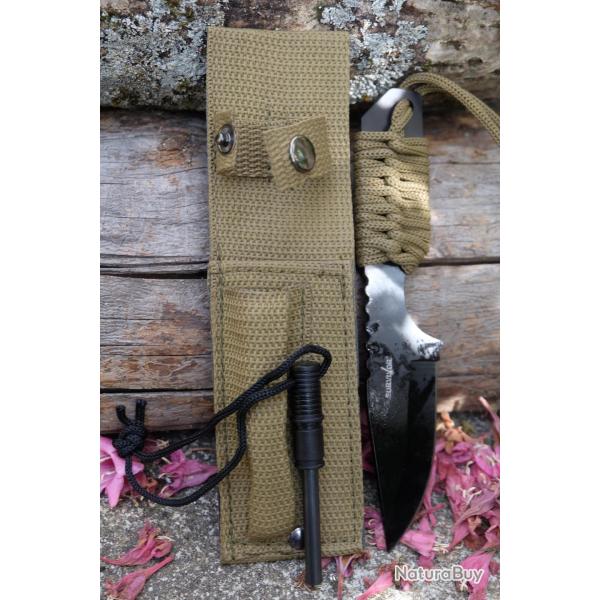Couteau de Survie Lame Clip Point Acier Inox Manche Paracorde + Allume Feu Etui Nyon 001