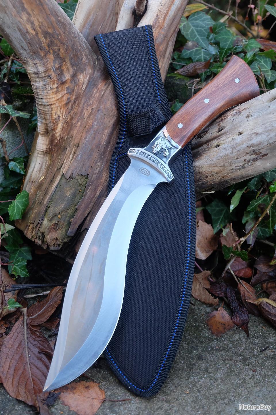 Couteau Bowie De Survie Fait Main - Lame 33 Cm (acier Carbone) - Manche En Bois De Rose - Fourreau Cuir - Neuf
