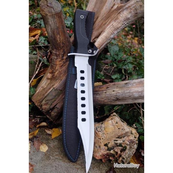Poignard Gros Couteau de Chasse A Servir Bowie Lame Acier Black 440 Etui Nylon Poignard Outlaw 001