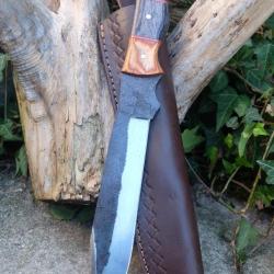 BIG Couteau Buscharft Survie Bowie Lame Acier Carbone 1075 Etui Cuir Manche 3 Bois Fabric Artisanale
