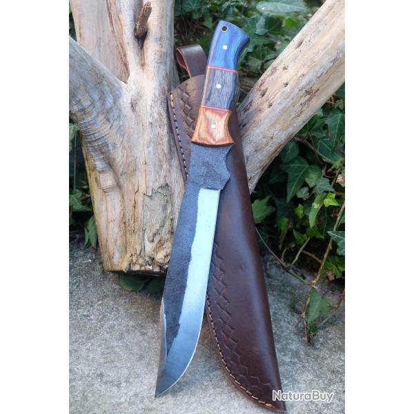 BIG Couteau Buscharft Survie Bowie Lame Acier Carbone 1075 Etui Cuir Manche 3 Bois Fabric Artisanale