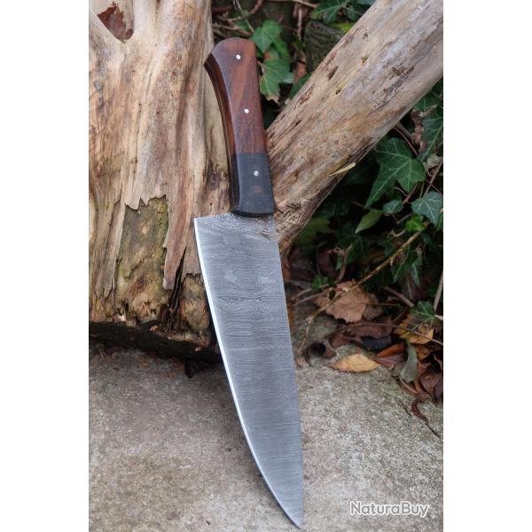 Couteau De Cuisine de Chef Lame Acier Damas 256 Couches Manche Bois Fabrication Artisanale 001