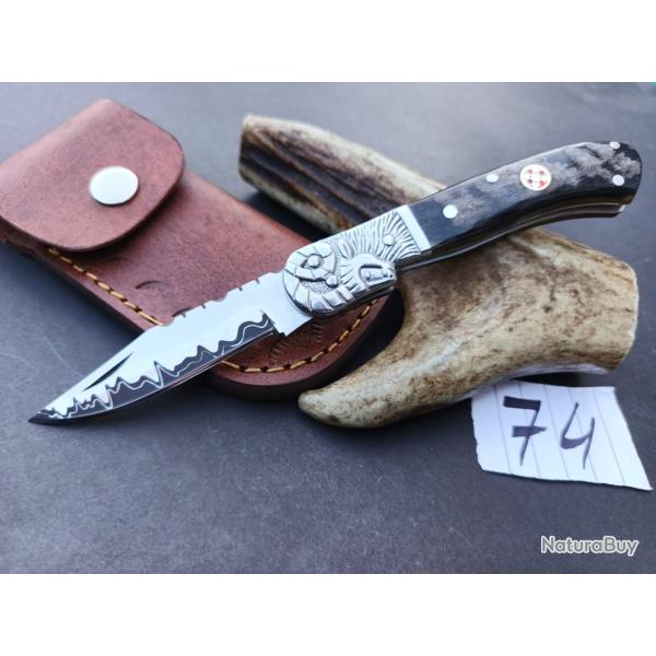 Couteau de pliant fait � main lame acier D2 manche en corne de Belier 74