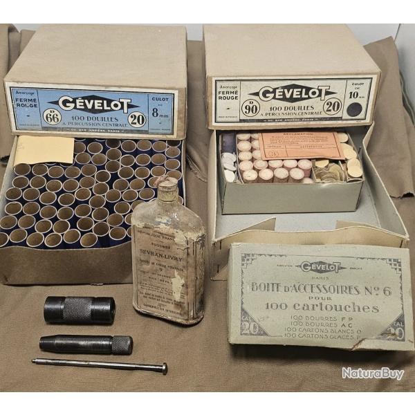 Lot ancienne douilles chasse ancien GEVELOT Cal 20 outil rechargement collection