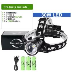 Lampe frontale tactique &agrave; LED 30 Watts avec piles + chargeur + sangle frontale + c&acirc;ble USB C